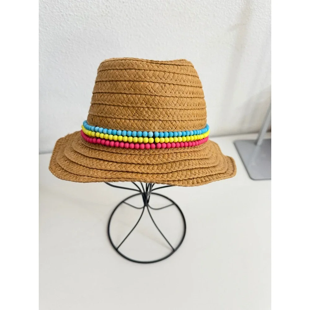 The Children's Place Girls Straw Fedora Hat Tan Beaded Band‎ S/P 4-6 Summer Hat